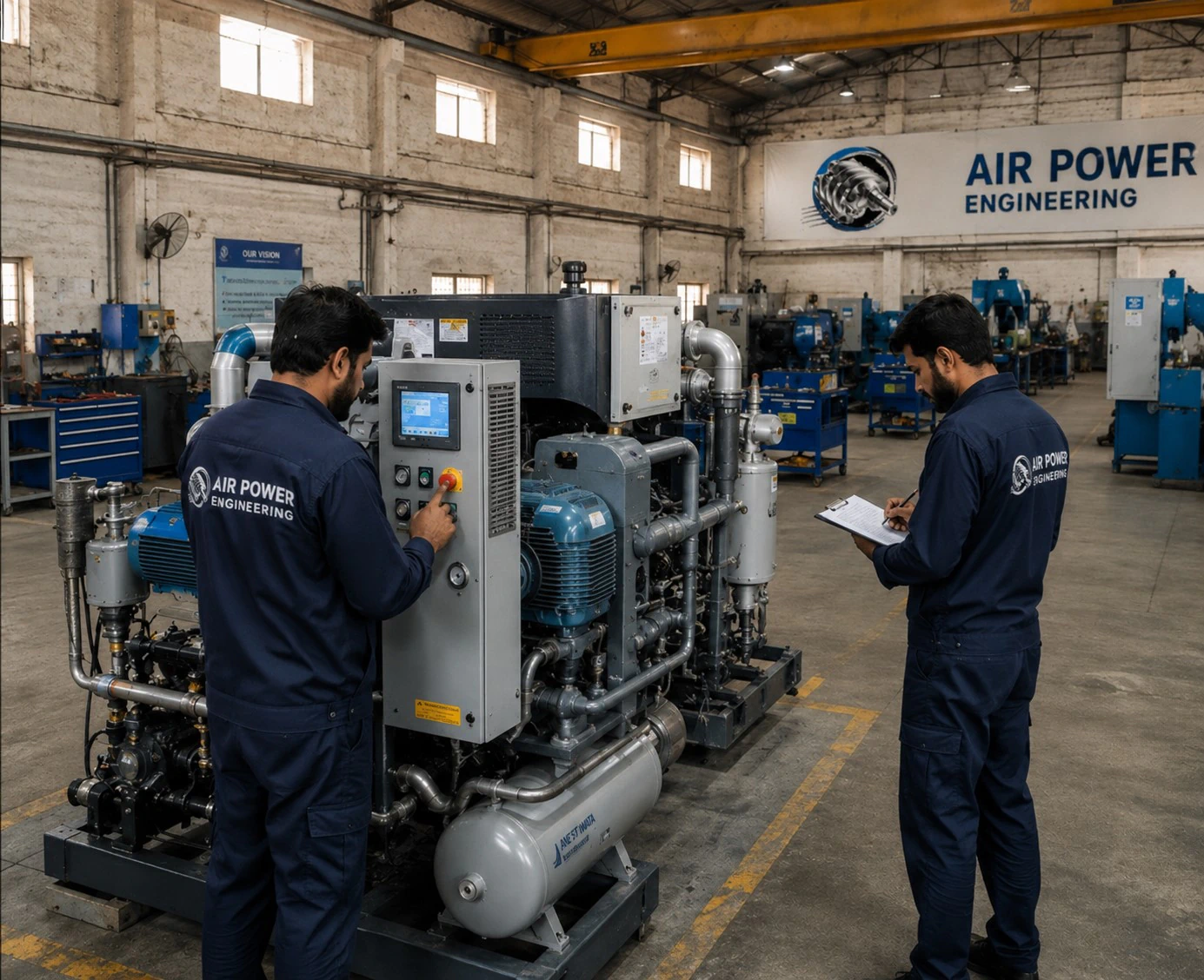APE engineers inspecting industrial air compressor equipment in the workshop